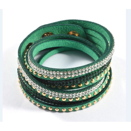 Bracelet Fantaisie Lanière Cuir Vert et Strass 